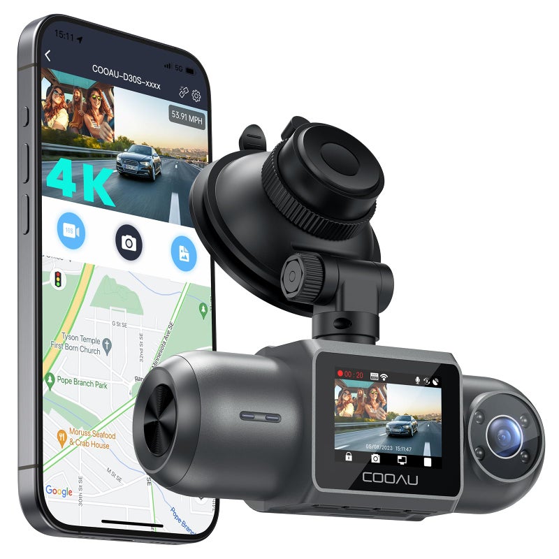 COOAU كاميرا داش COOAU D30S 4K مع GPS وواي فاي، مزدوجة أمامية وداخلية 2.5K 1080P، كاميرا سيارة أوبر مع رؤية ليلية بالأشعة تحت الحمراء، مكثف فائق، 4 مصابيح LED بالأشعة تحت الحمراء، مستشعر G، وضع الانتظار، تسجيل متكرر - Image 1